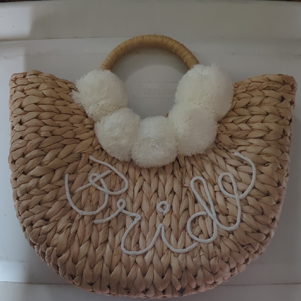 Tan Woven Bride Tote with White Pom Poms